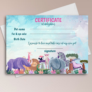 Safari-flicka födelsedagsdjur adoptioncertifikat inbjudningar