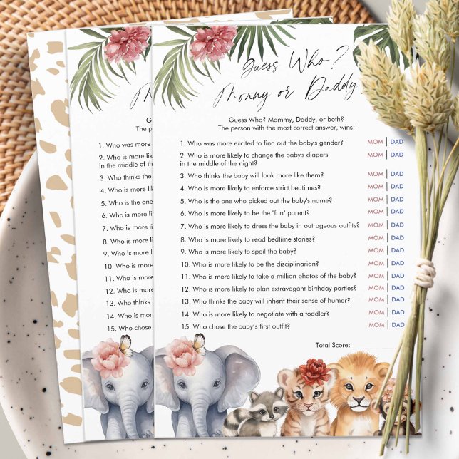Safari Flicka Shower Gissa vem mamma eller pappa (Safari Animals, baby Girl Shower game, Guess Who, Mommy or Daddy?)
