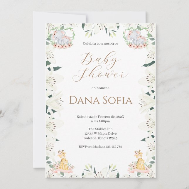 Safari floral Spanish Baby Shower Girl invitation Inbjudningar (Framsida)