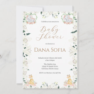 Safari floral Spanish Baby Shower Girl invitation Inbjudningar