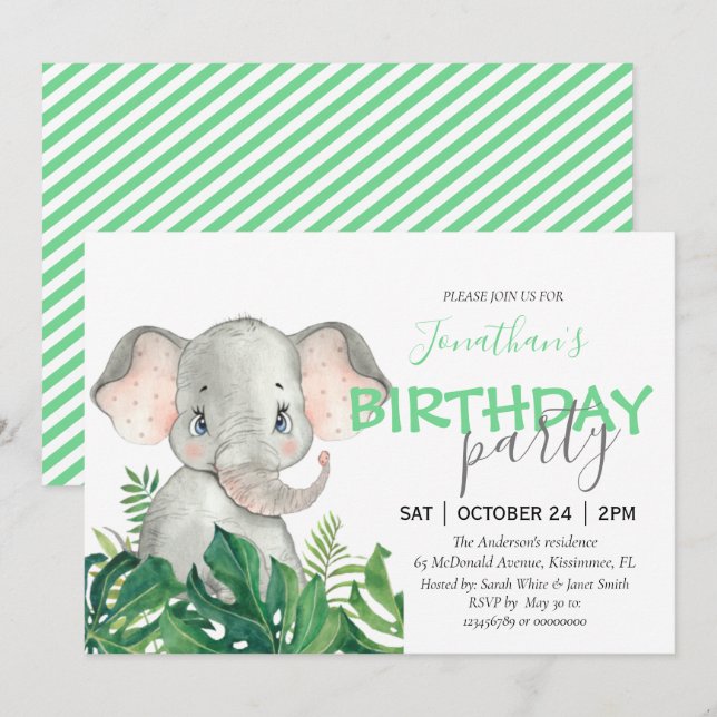 Safari-födelsedag Elephant Meddelande (Fram/baksida)