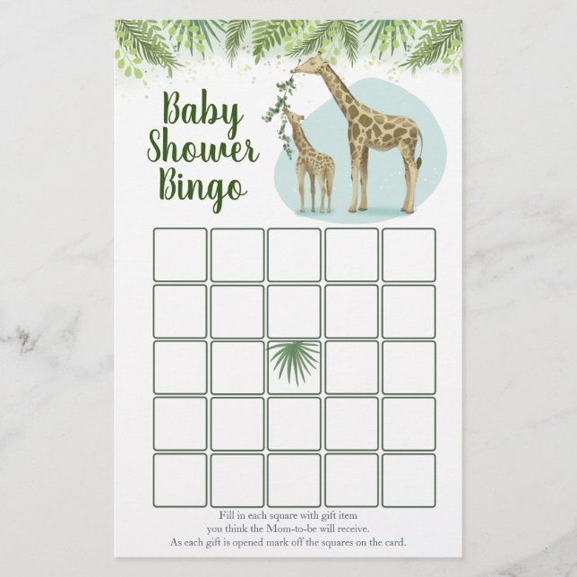 Safari Giraff Lämnar Baby Shower Bingo Spel (Framsida)