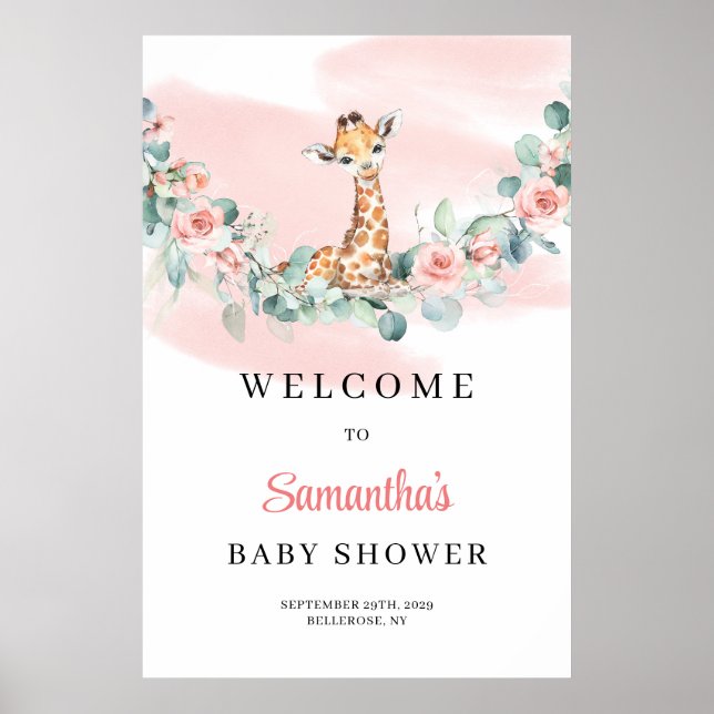 Safari Giraff Välkommen Baby Shower för Flicka Poster (Framsidan)