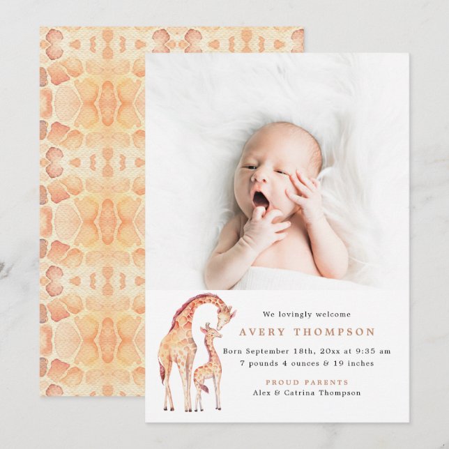 Safari Giraffe Baby Photo Tillkännagivande för föd (Fram/baksida)