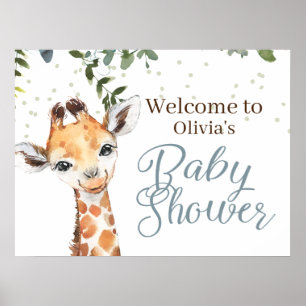 Safari Giraffe Blue Grått Welcome Baby Shower Poster