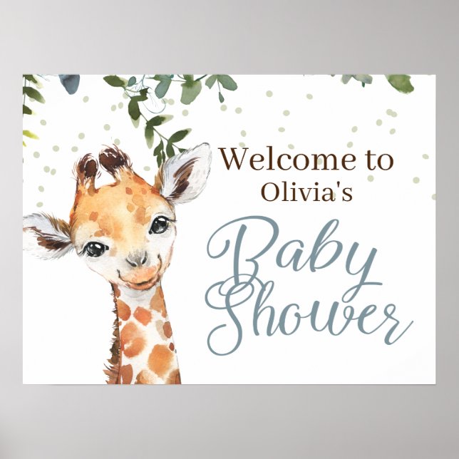 Safari Giraffe Blue Grått Welcome Baby Shower Poster (Framsidan)