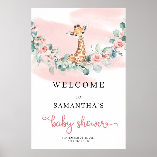 Safari Giraffe Eucalyptus Baby Shower Välkommen Poster (Framsidan)