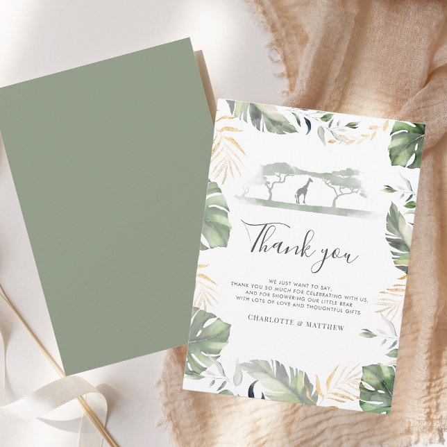 Safari Giraffe Handflatan Lövs Baby Shower Tack Kort (Jungle Safari Baby Shower Giraffe Thank You Card)