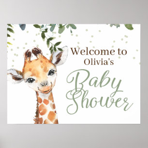 Safari Giraffe Sage Grönt Välkomna Baby Shower Poster