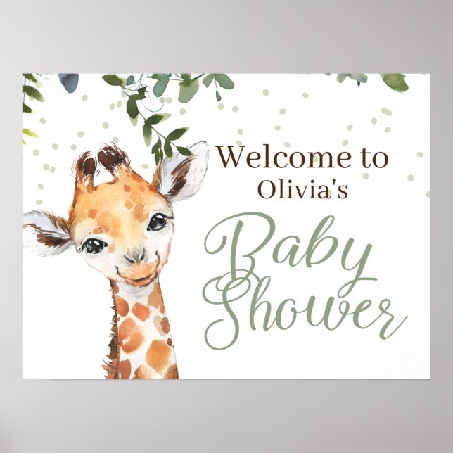 Safari Giraffe Sage Grönt Välkomna Baby Shower Poster (Framsidan)