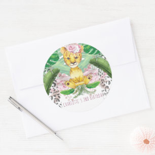 Safari Girl Party Lejon Illustration Personlig Runt Klistermärke