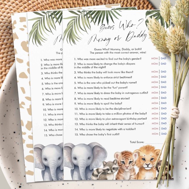 Safari Gissa vem Mamma eller Pappa är, Baby Shower (Safari Animals, baby Boy Shower game, Guess Who, Mommy or Daddy?)