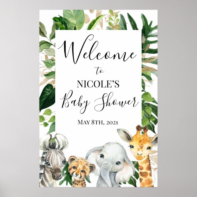 Safari Greenery Foliage Baby Shower Välkommen Post Poster (Framsidan)