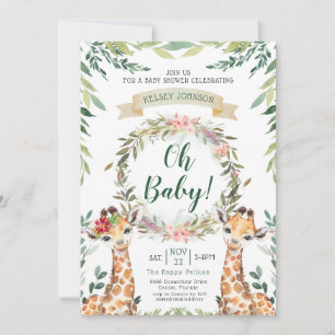 Safari Greenery Giraffe Oh Baby Shower Inbjudningar
