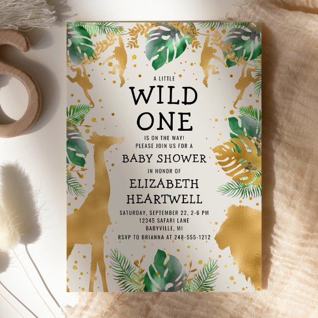 Safari Grön Guld Ecru Neutral Baby Shower Inbjudan (Skapare uppladdad)