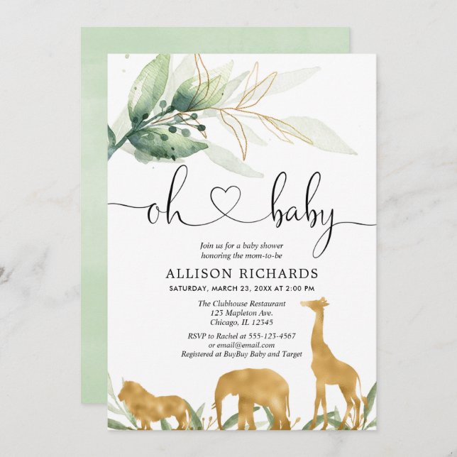 Safari guld djur - könsneutral babydusch inbjudningar (Fram/baksida)