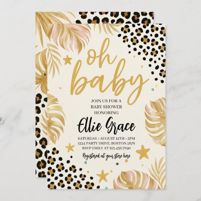 Safari Guld Leopard Skriv ut babykläder Inbjudningar (Fram/baksida)