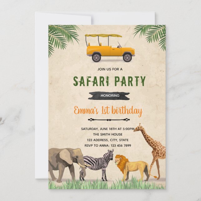 Safari jeep födelsedag inbjudan (Framsida)