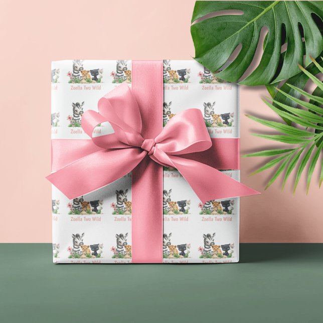 Safari Jungle 2 Vild Birthday Presentpapper (Safari Jungle Two Wild Animals Zebra Tiger Panther Pink Birthday Wrapping Paper)