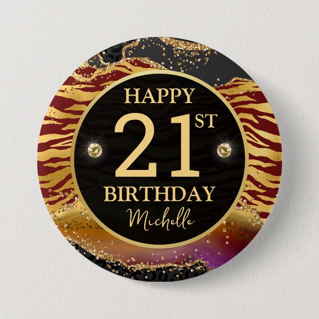 Safari Jungle Agate Guld Glitter 21-årsdag Knapp (Framsida)