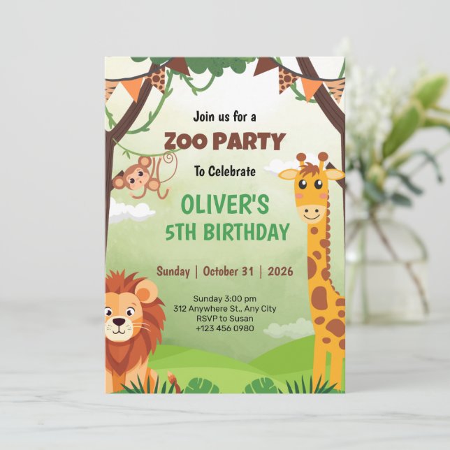 Safari Jungle Animal Birthday 5th Invitation Cards Julkort (Stående Fram)