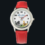 Safari Jungle Animal Illustration Äventyr Awaits Armbandsur<br><div class="desc">En klocka med ett safari-tema. En vattenfärgad illustration med en gorilla,  hippo,  lejon och giraffe som hänger ut bland de grönt gräsmassorna. Typografin säger att Äventyr väntar. Cute och vismisk perfekt för ett barn.</div>