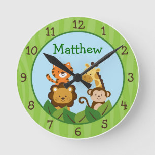 Safari Jungle Animal Nursery Wall Clock Rund Klocka
