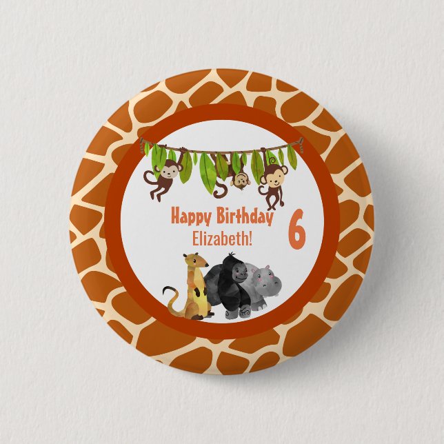 Safari Jungle Animal Theme Birthday Knapp (Framsida)