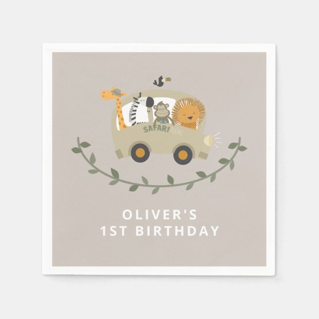 Safari Jungle Animals 1:a födelsedag Anpassat namn Pappersservett (Framsidan)