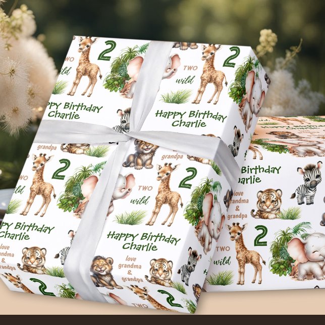 Safari Jungle Animals 2 Vilder Namn Presentpapper (Safari Jungle Animals Two Wild 2nd Birthday Name Wrapping Paper)