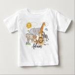 Safari Jungle Animals Baby Kids Namn Birthday T Shirt<br><div class="desc">Safari-djur för baby eller barnskjorta. Anpassa. Omfattar zebra,  elefant,  giraffe,  hippo,  lejon,  tiger,  med tillsats av fjäril,  bi och fågel. Copyright © Graphic Garden.</div>