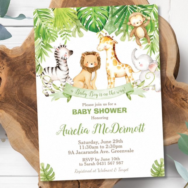 Safari Jungle Animals Baby Shower Boy Grönt Forest Inbjudningar (Skapare uppladdad)