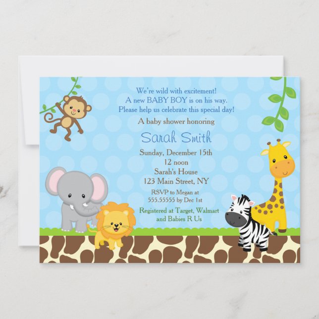 Safari Jungle Animals Baby Shower Boys Inbjudningar (Framsida)