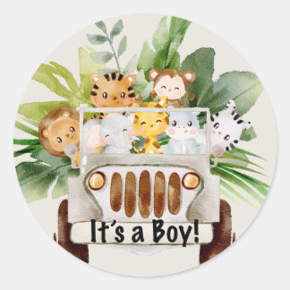 Safari Jungle Animals Baby Shower Det är en pojke Runt Klistermärke