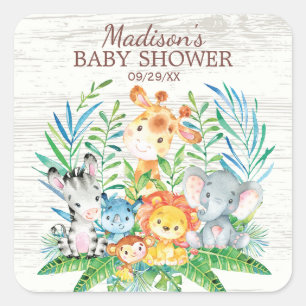 Safari Jungle Animals Baby Shower Favor Sticker Fyrkantigt Klistermärke
