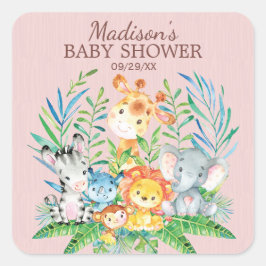 Safari Jungle Animals Baby Shower Favor Sticker Fyrkantigt Klistermärke