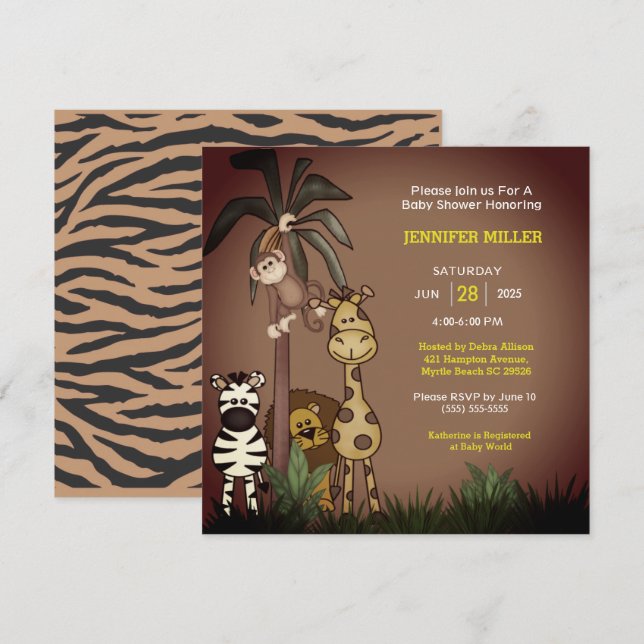 Safari Jungle Animals Baby Shower-inbjudan Inbjudningar (Fram/baksida)