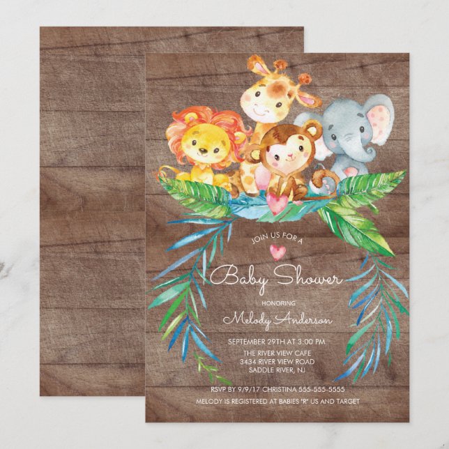Safari Jungle Animals Baby Shower-inbjudan Inbjudningar (Fram/baksida)