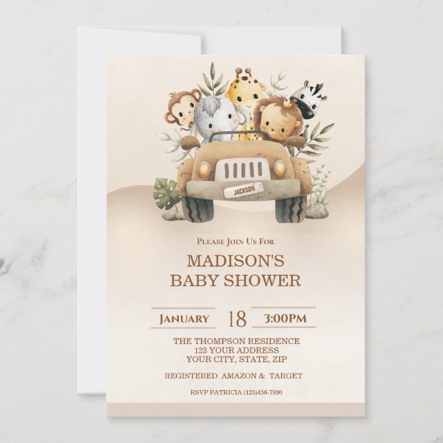 Safari Jungle Animals Baby Shower Inbjudningar (Framsida)