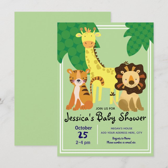 Safari Jungle Animals Baby Shower Inbjudningar (Fram/baksida)