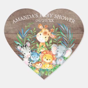 Safari Jungle Animals Baby Shower Sticker Hjärtformat Klistermärke