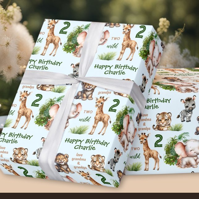 Safari Jungle Animals Blue Grönt 2:a födelsedagen  Presentpapper (Safari Jungle Animals Blue Green 2nd Birthday Name Wrapping Paper)