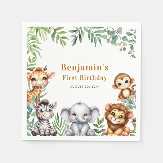 Safari Jungle Animals Boy 1st Birthday Pappersservett (Framsidan)
