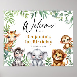Safari Jungle Animals Boy 1st Birthday Välkommen Poster