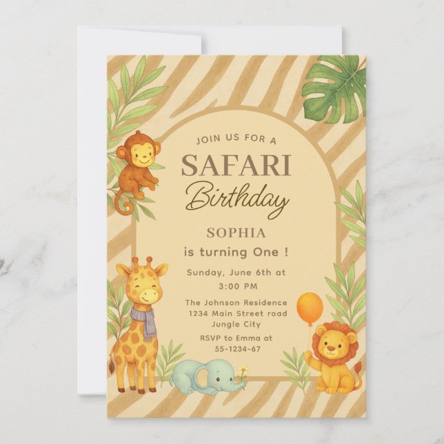 Safari Jungle Animals First Birthday  Inbjudningar (Framsida)