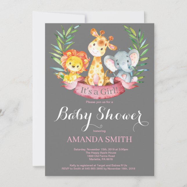 Safari Jungle Animals Girl Baby Shower-inbjudan Inbjudningar (Framsida)