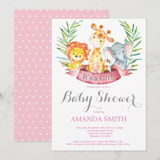 Safari Jungle Animals Girl Baby Shower-inbjudan Inbjudningar (Fram/baksida)