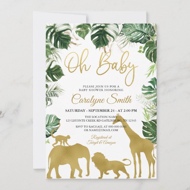 Safari Jungle Animals Guld Baby Shower-inbjudan Inbjudningar (Framsida)
