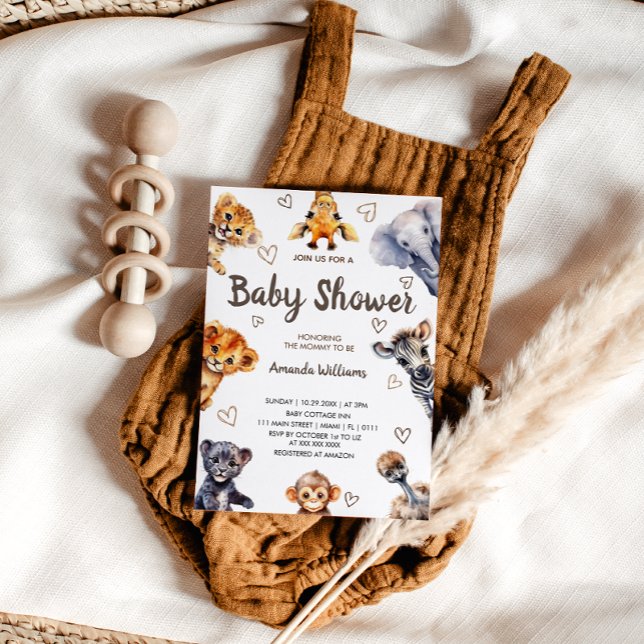 Safari Jungle Animals & Hearts Modern Baby Shower Inbjudningar (Skapare uppladdad)