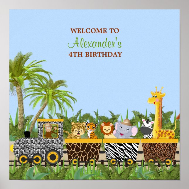 Safari Jungle Animals i Tåg Birthday Poster (Framsidan)